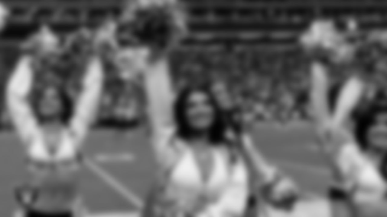 Raiderette Kylee on the sidelines during the regular season home game against the Jacksonville Jaguars at Allegiant Stadium.