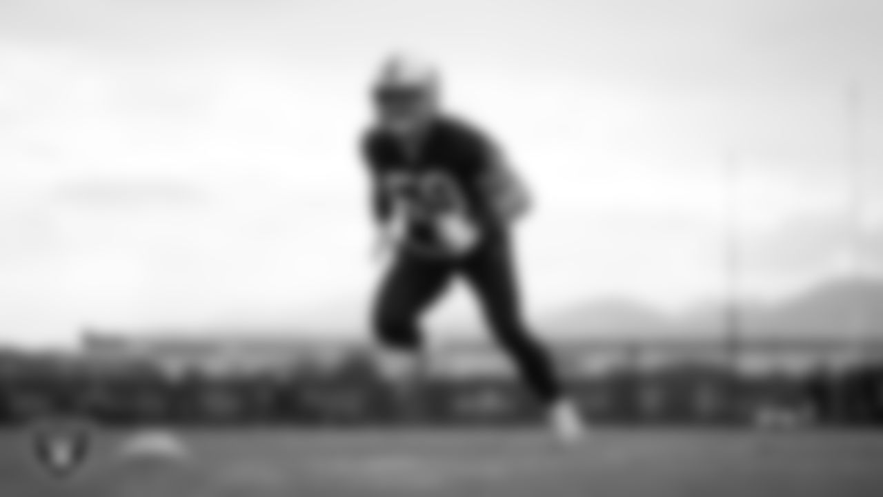 Las Vegas Raiders linebacker Luke Masterson (59) during practice at Intermountain Health Performance Center.