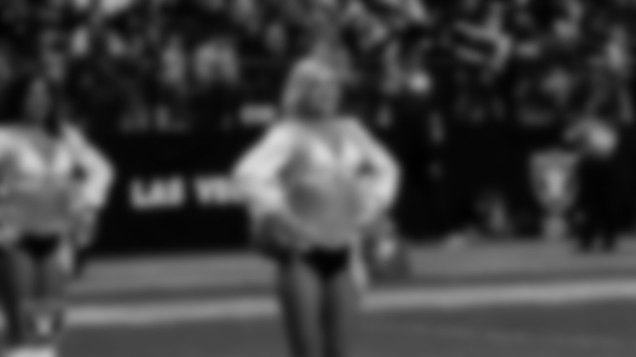 Raiderette Kennedy waits to take the field for a performance during the regular season home game against the New York Giants at Allegiant Stadium.