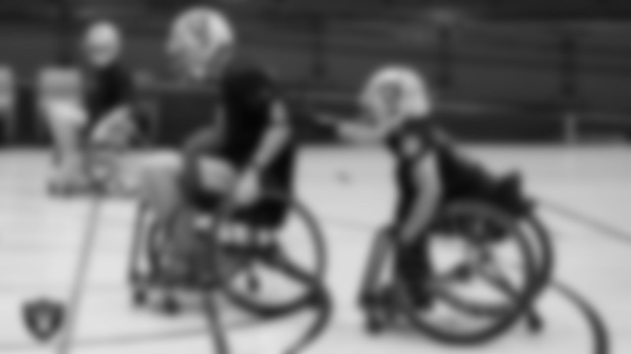 Las Vegas Raiders kicker Daniel Carlson (2) during a City of Las Vegas Wheelchair Football League practice at Dula Community Center.