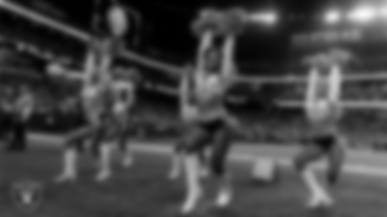 Raiderette Lexie performs on the sidelines during the regular season home game against the Dallas Cowboys at Allegiant Stadium.