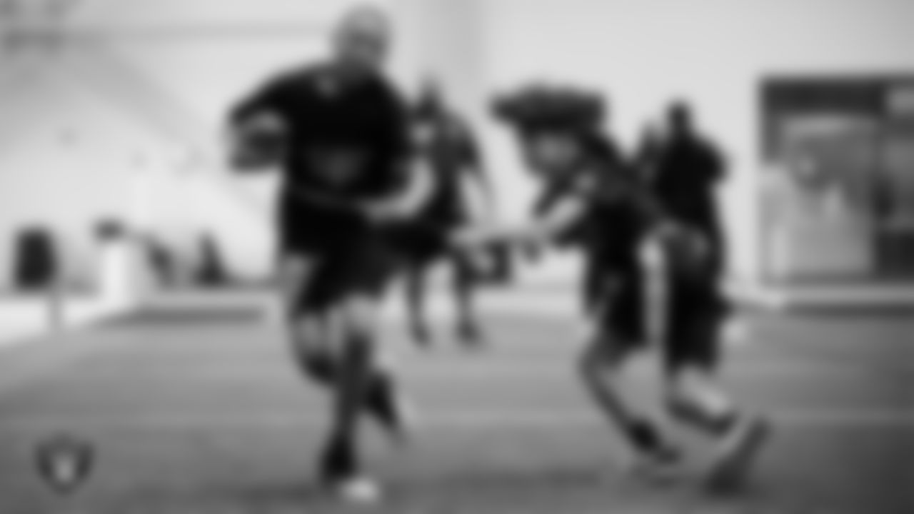 Students go through a drill during a Raiders Junior Training Camp at Intermountain Health Performance Center.