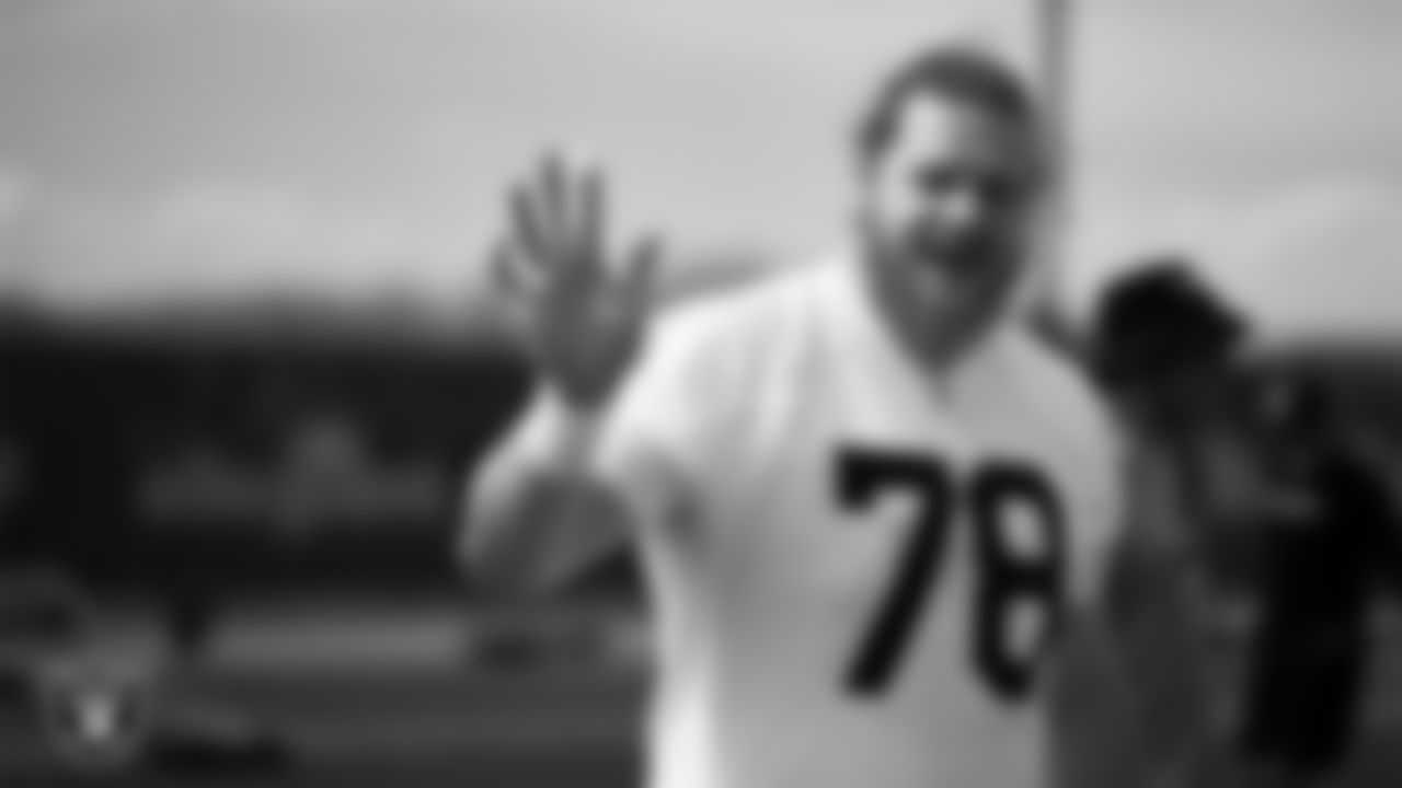 Las Vegas Raiders tackle Dalton Wagner (78) at a workout during phase two of the offseason program at Intermountain Health Performance Center.