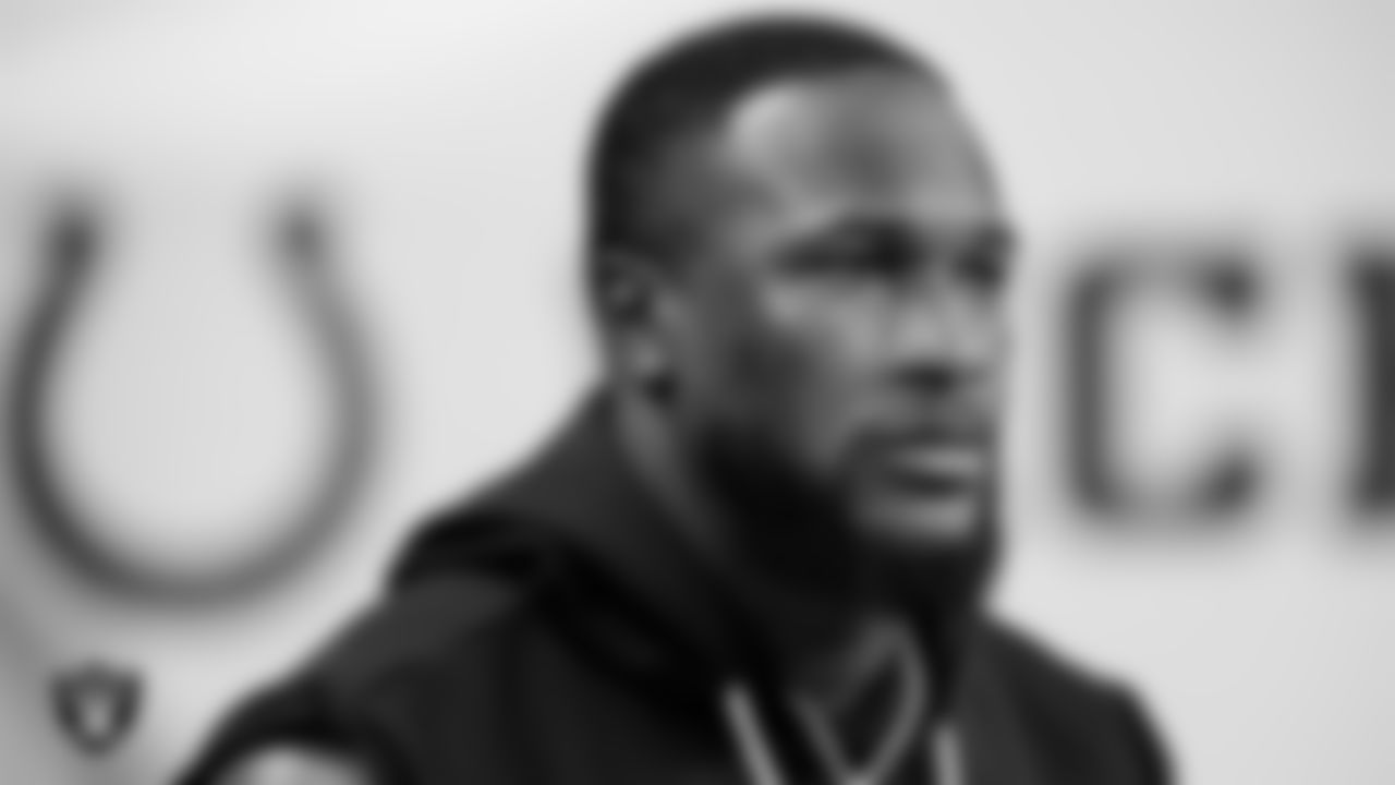 Las Vegas Raiders linebacker Devin White (45) warming up before the regular season away game against the Indianapolis Colts at Lucas Oil Stadium.