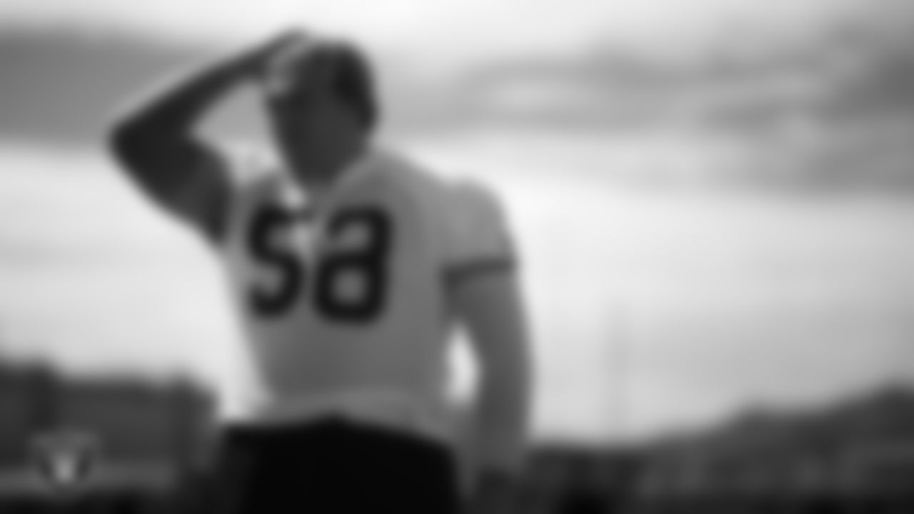 Las Vegas Raiders guard Jackson Powers-Johnson (58) at a workout during phase two of the offseason program at Intermountain Health Performance Center.