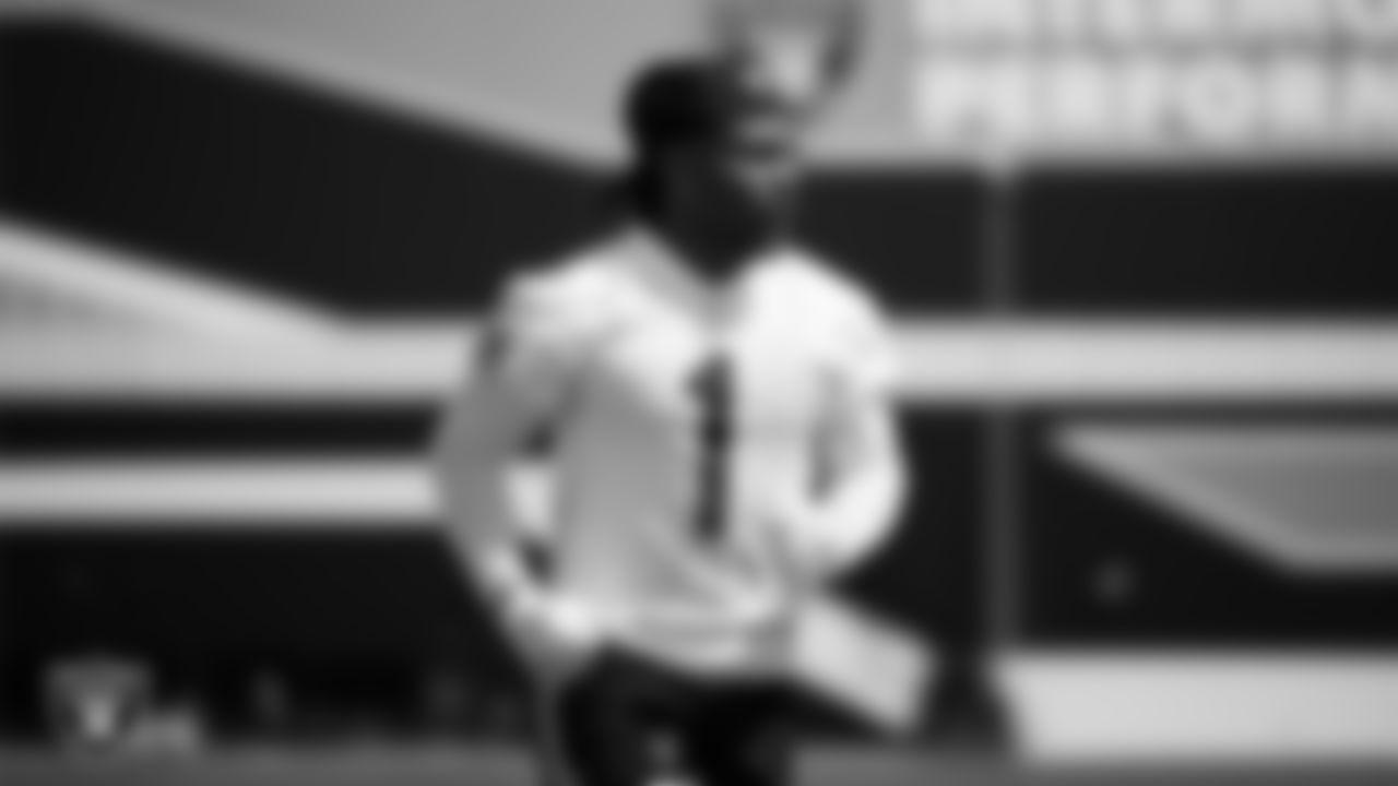 Las Vegas Raiders wide receiver Tre Tucker (1) at a workout during phase two of the offseason program at Intermountain Health Performance Center.