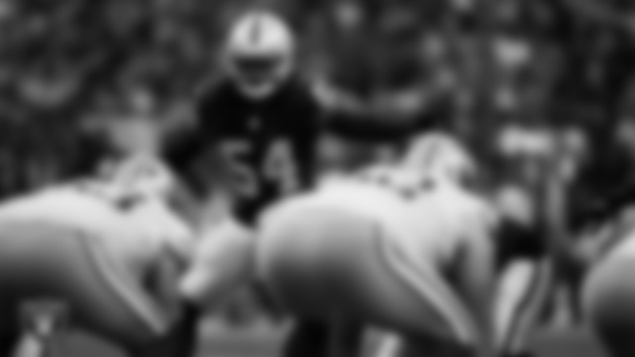 Las Vegas Raiders linebacker Jaylon Smith (54) lines up before the snap during the preseason home game against the San Francisco 49ers at Allegiant Stadium.