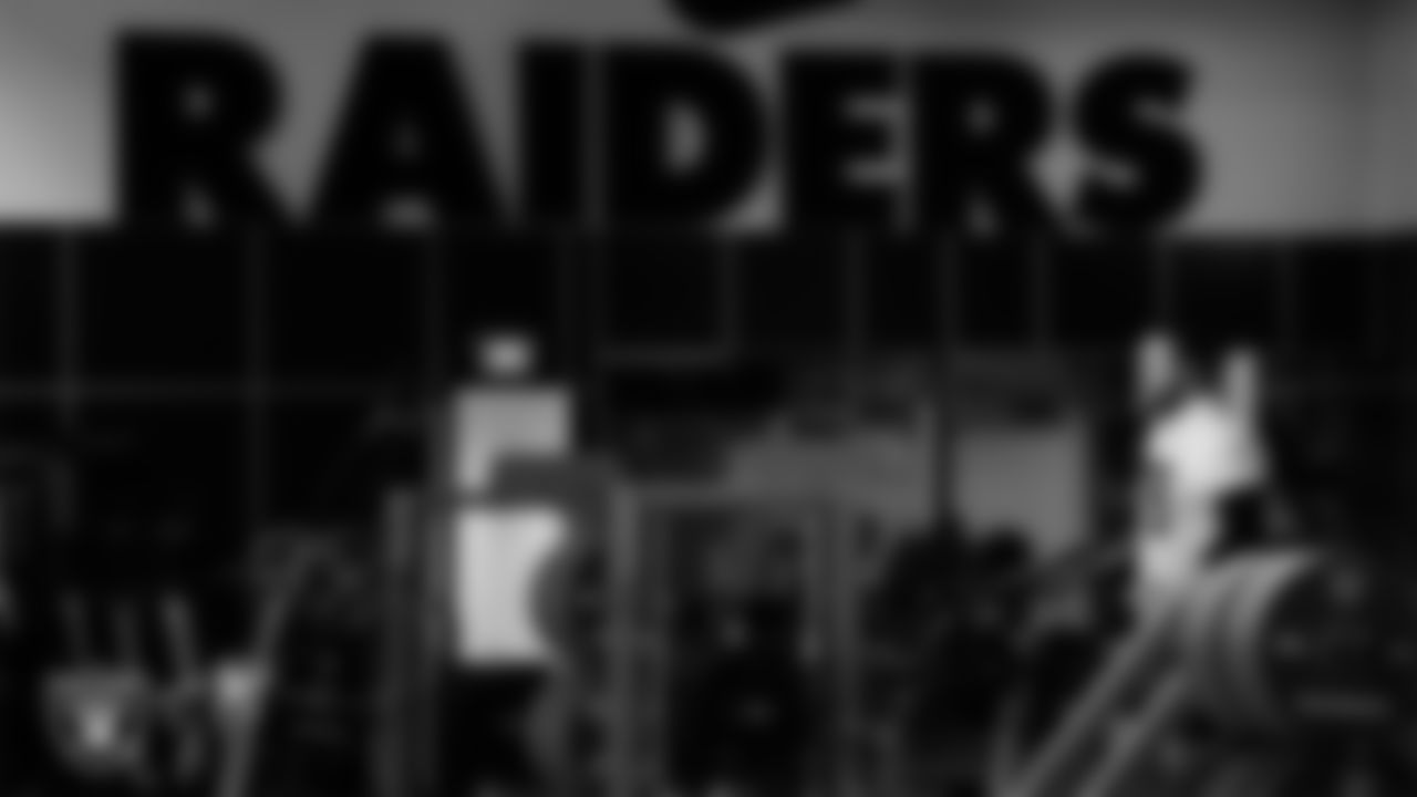 Las Vegas Raiders tackle Dalton Wagner (78) in the weight room during practice at Intermountain Health Performance Center.