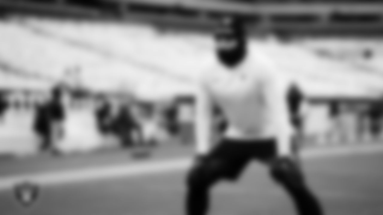 Las Vegas Raiders linebacker Jon Rhattigan (59) warming up before the regular season away game against the Philadelphia Eagles at Lincoln Financial Field.