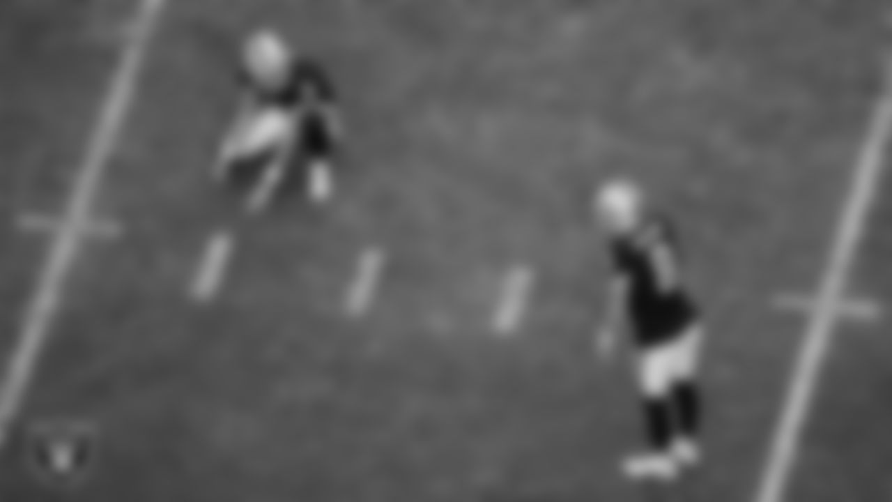 Las Vegas Raiders kicker Daniel Carlson (8) lines up before kicking a 41-yard field goal during the regular season home game against the Cleveland Browns at Allegiant Stadium.