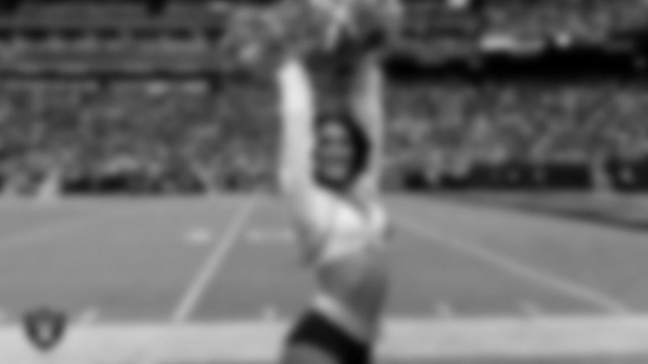 Raiderette Macy on the sidelines during the regular season home game against the Tennessee Titans at Allegiant Stadium.