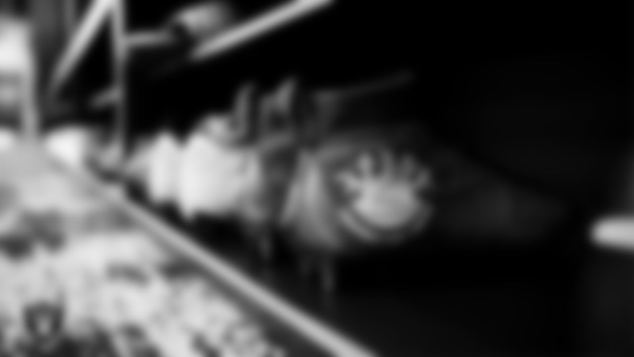 Cleats in the locker room prior to the Las Vegas Raiders' arrival for their regular season home game against the Cleveland Browns at Allegiant Stadium.