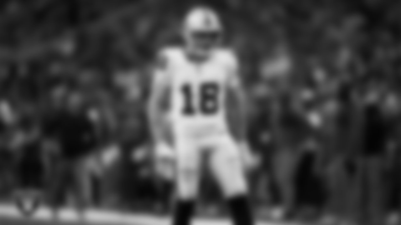 Las Vegas Raiders wide receiver Jack Bech (18) celebrates after making a catch during the regular season away game against the Houston Texans at NRG Stadium.