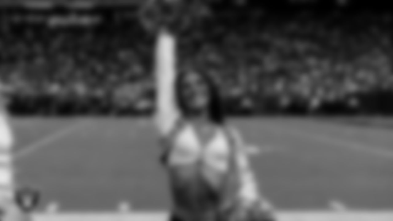 Raiderette Amanda on the sidelines during the regular season home game against the Dallas Cowboys at Allegiant Stadium.