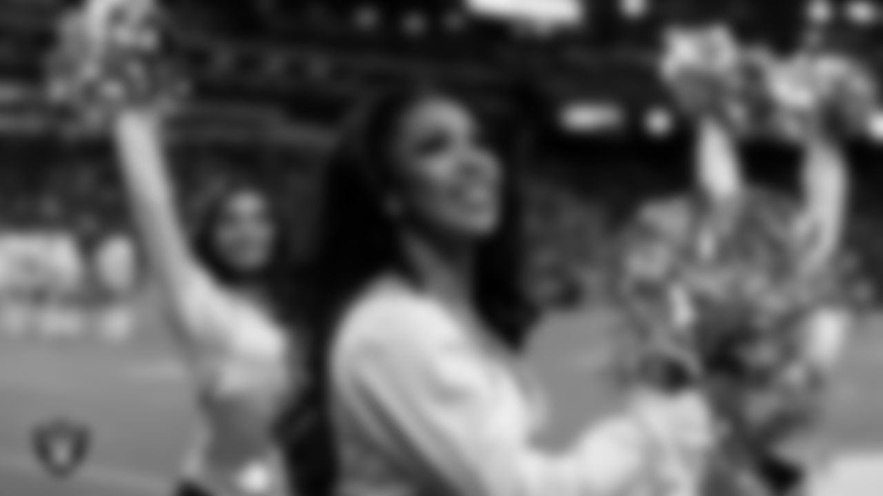 Raiderette Cierra on the sidelines during the regular season home game against the Cleveland Browns at Allegiant Stadium.