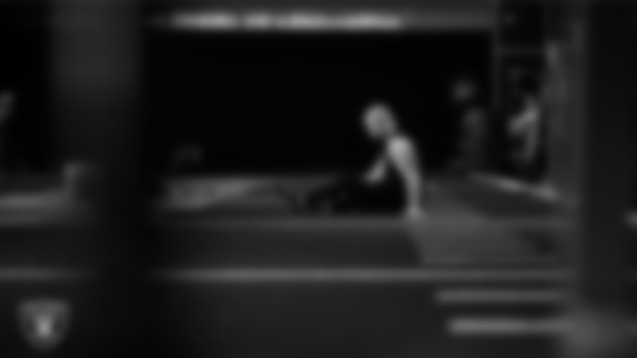 Las Vegas Raiders long snapper Jacob Bobenmoyer (50) in the weight room during practice at Intermountain Health Performance Center.