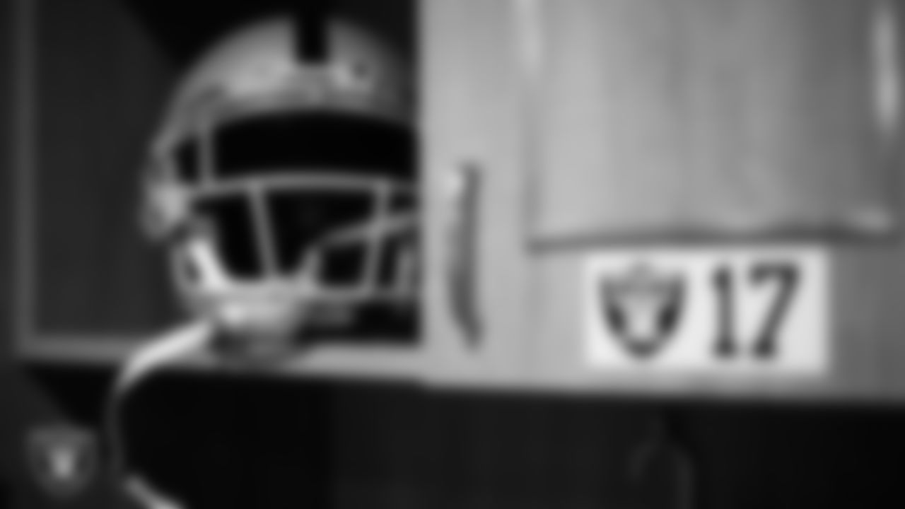 Las Vegas Raiders wide receiver Davante Adams' (17) helmet in the locker room prior to the Raiders' arrival for their regular season away game against the Miami Dolphins at Hard Rock Stadium.