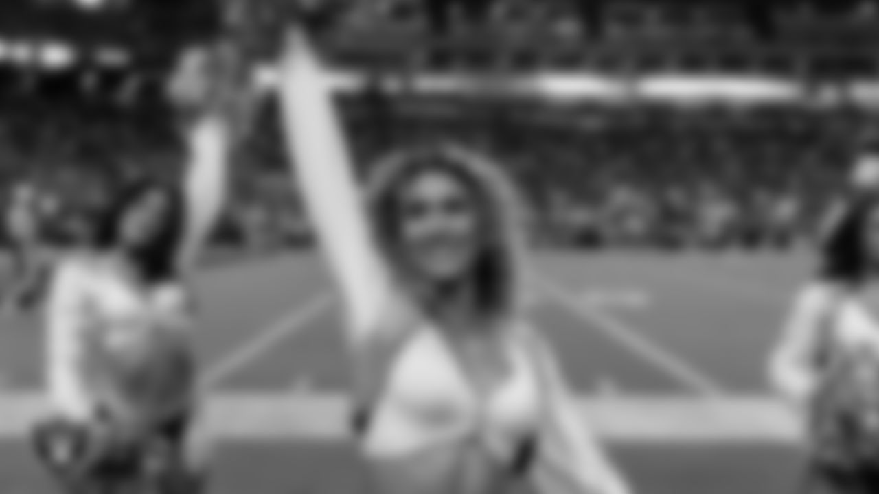 Raiderette Jenna on the sidelines during the regular season home game against the Los Angeles Chargers at Allegiant Stadium.