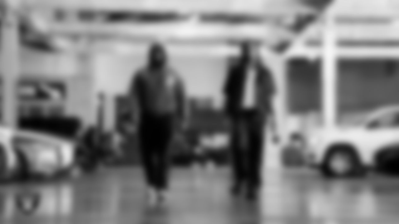 Las Vegas Raiders defensive tackle JJ Pegues (92) and defensive end Jahfari Harvey (91) arrive to the regular season home game against the New York Giants at Allegiant Stadium.