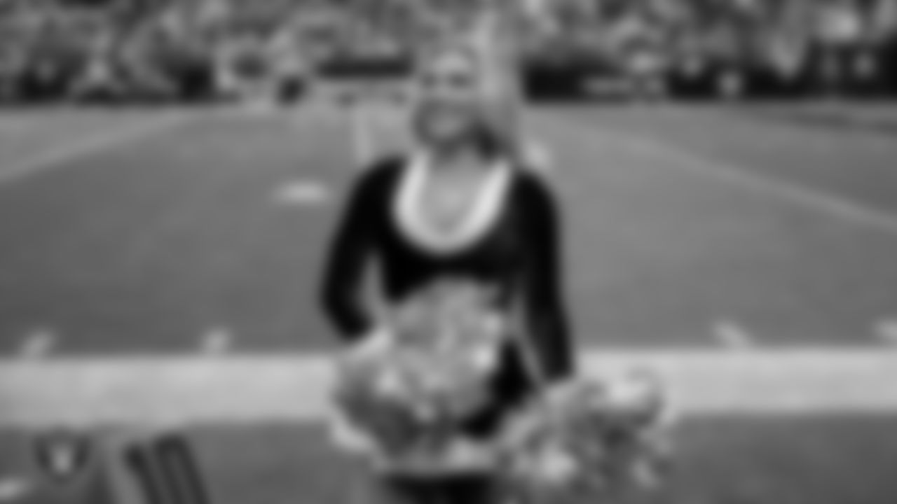 Raiderette Ali on the sidelines during the regular season home game against the New York Giants at Allegiant Stadium.
