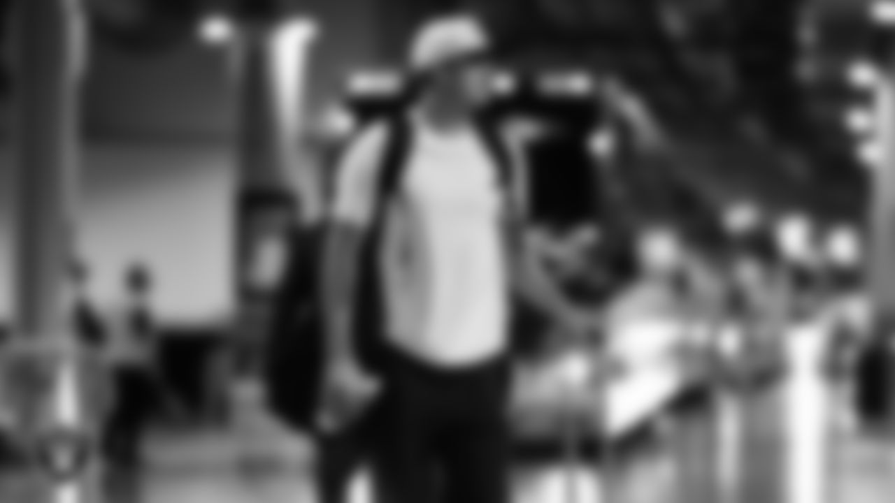 Las Vegas Raiders quarterback Aidan O'Connell (12) arrives to the regular season away game against the Los Angeles Chargers at SoFi Stadium.