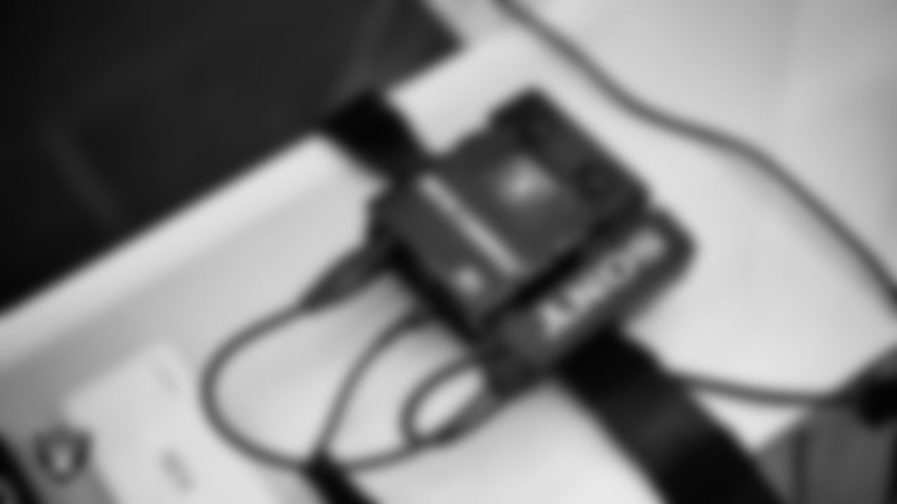 Las Vegas Raiders Head Coach Pete Carroll's headset before the regular season home game against the Cleveland Browns at Allegiant Stadium.