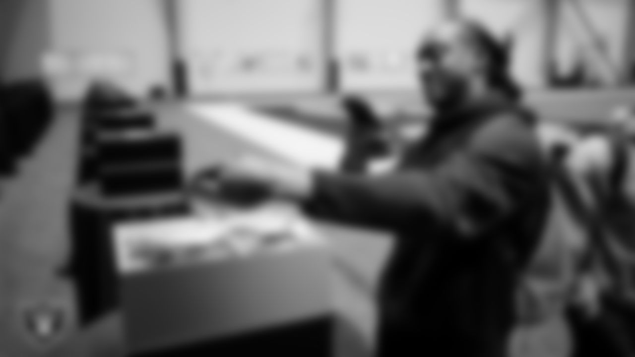 Las Vegas Raiders safety Terrell Edmunds (28) unboxes his custom cleats for the NFL's My Cause My Cleats initiative at Intermountain Health Performance Center.