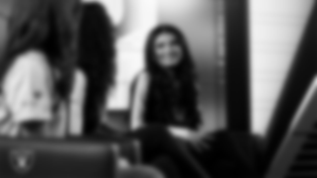 Raiderette Kylee meets with representatives from Hope Means Nevada and designers to design custom boots for the NFL's My Cause My Cleats initiative in Cox Studios at Intermountain Health Performance Center.