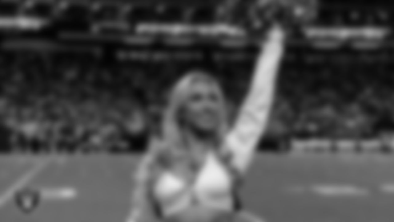 Raiderette Delaney on the sidelines during the regular season home game against the Dallas Cowboys at Allegiant Stadium.