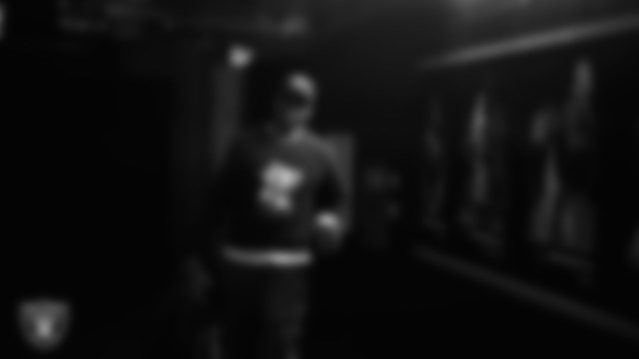 Las Vegas Raiders interim special teams coordinator Derius Swinton II arrives to the regular season home game against the Denver Broncos at Allegiant Stadium.