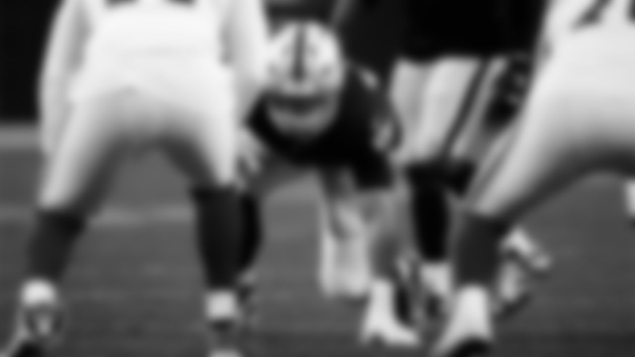 Las Vegas Raiders defensive tackle Jonah Laulu (96) lines up before the snap during the regular season home game against the New York Giants at Allegiant Stadium.