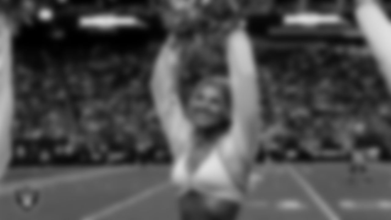 Raiderette Cori on the sidelines during the regular season home game against the Kansas City Chiefs at Allegiant Stadium.