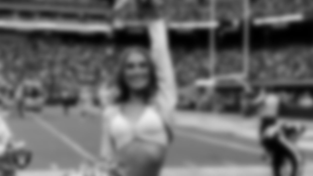 Raiderette Madisyn on the sidelines during the preseason home game against the San Francisco 49ers at Allegiant Stadium.