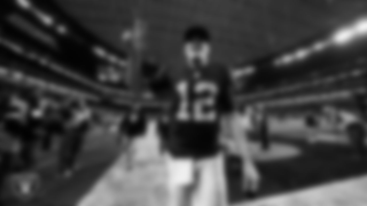 Las Vegas Raiders quarterback Aidan O'Connell (12) exits the field after the regular season home game against the Kansas City Chiefs at Allegiant Stadium.