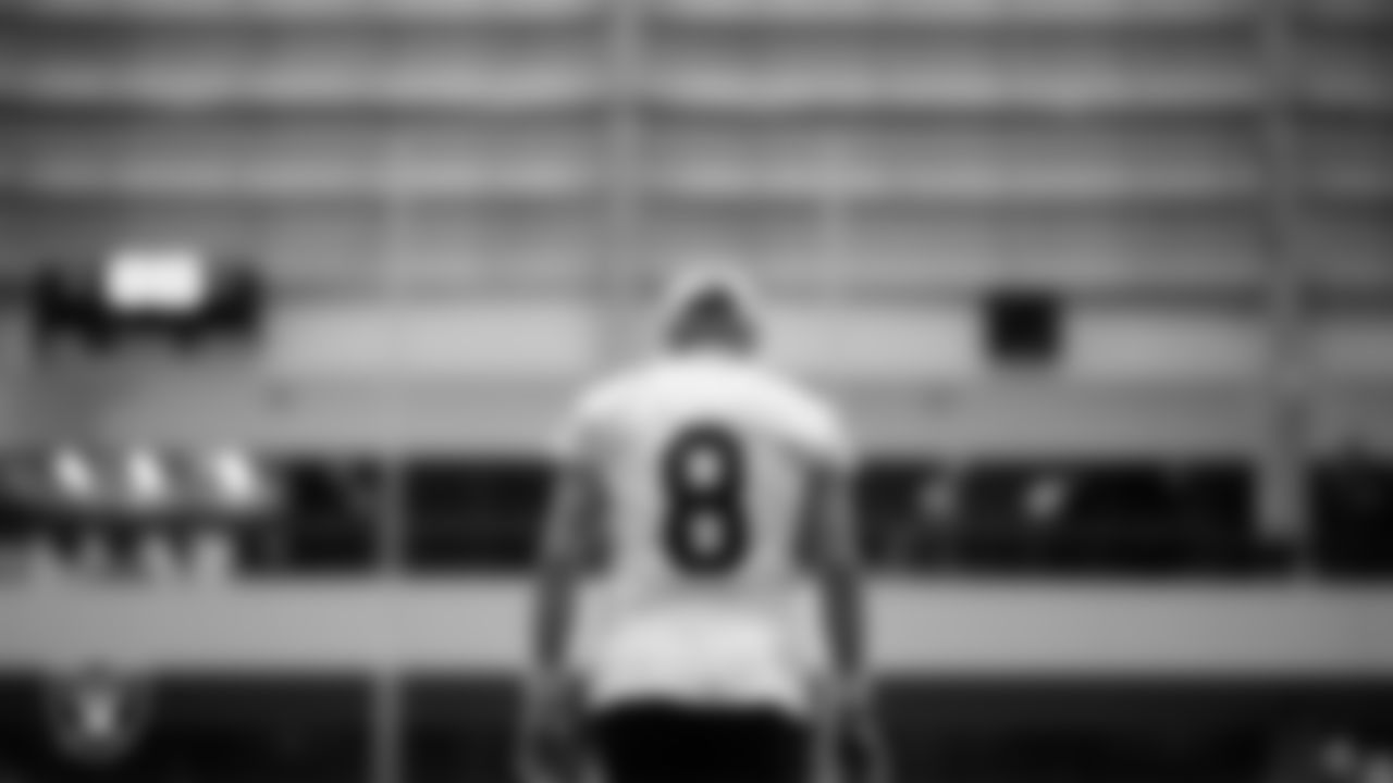 Las Vegas Raiders kicker Daniel Carlson (8) at a workout during phase two of the offseason program at Intermountain Health Performance Center.