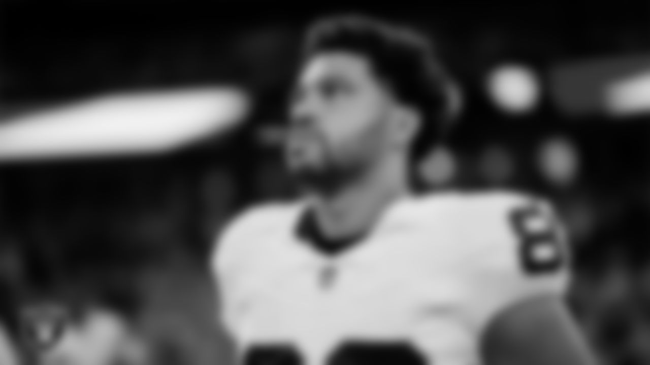 Las Vegas Raiders tight end Albert Okwuegbunam (86) during the national anthem before the regular season away game against the Indianapolis Colts at Lucas Oil Stadium.