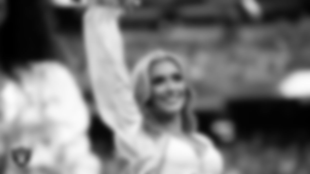 Raiderette Shelby on the sidelines during the preseason home game against the San Francisco 49ers at Allegiant Stadium.