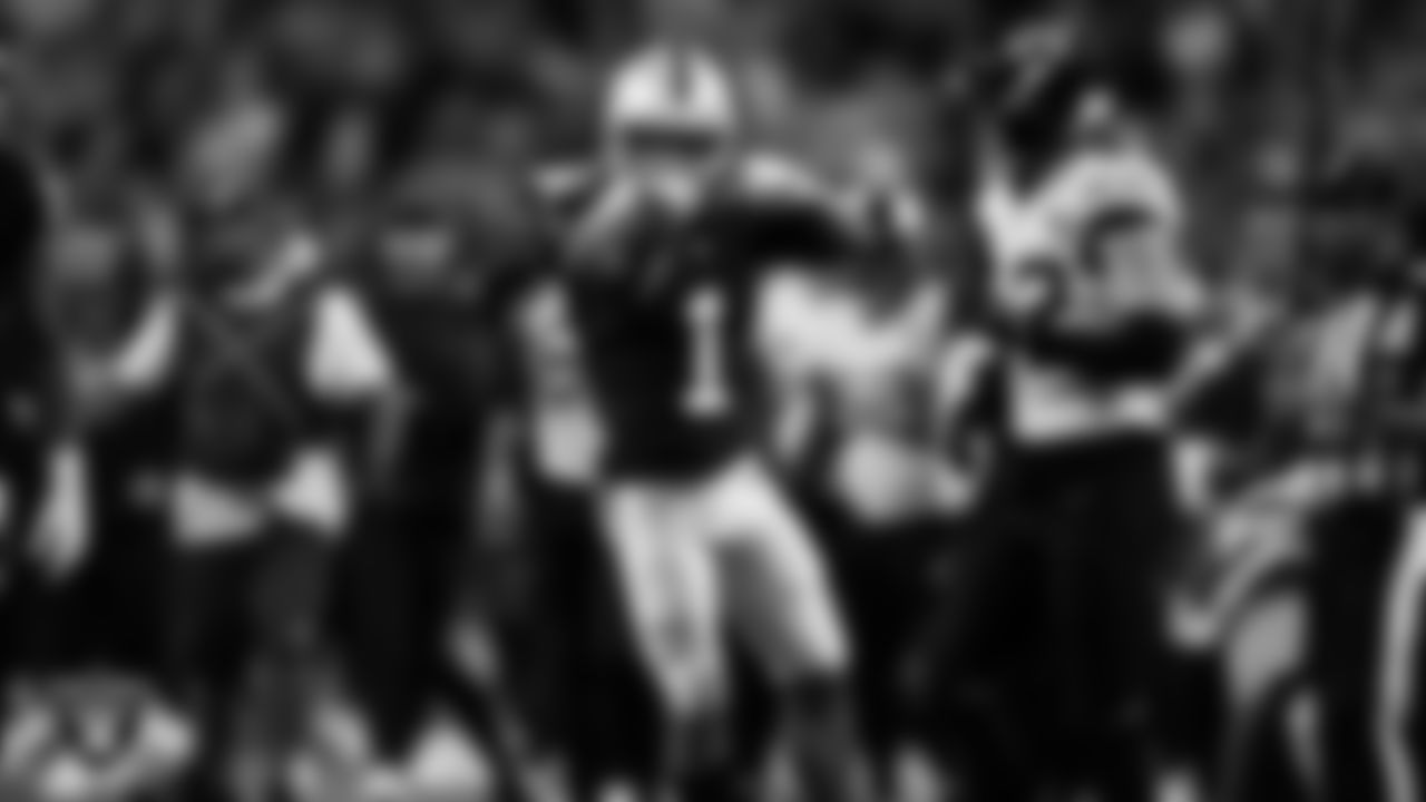 Las Vegas Raiders wide receiver Tre Tucker (1) celebrates after making a first down during the regular season home game against the Jacksonville Jaguars at Allegiant Stadium.