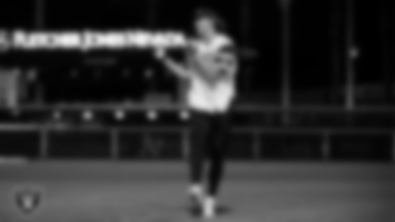 Las Vegas Raiders punter AJ Cole (6) runs the bases after wide receiver Jack Bech (18) hit a home run in the softball game during the Battle For Vegas at Las Vegas Ballpark.