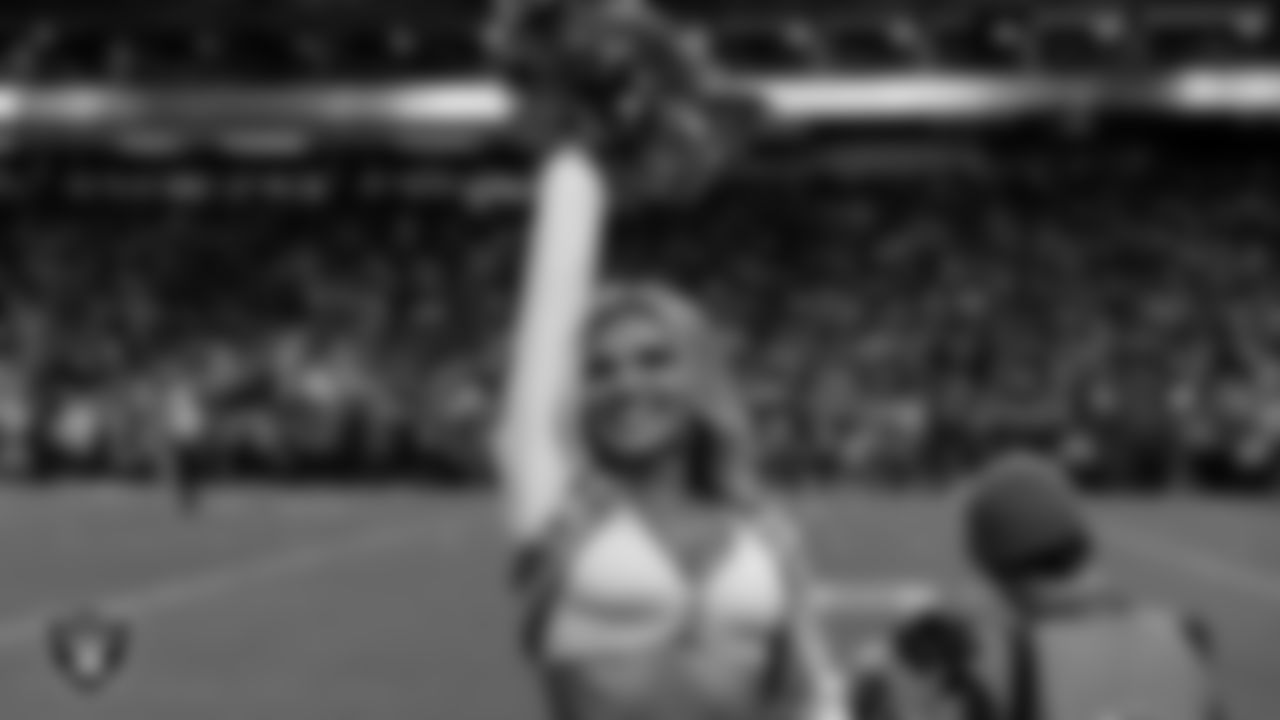 Raiderette Ali on the sidelines during the regular season home game against the Dallas Cowboys at Allegiant Stadium.
