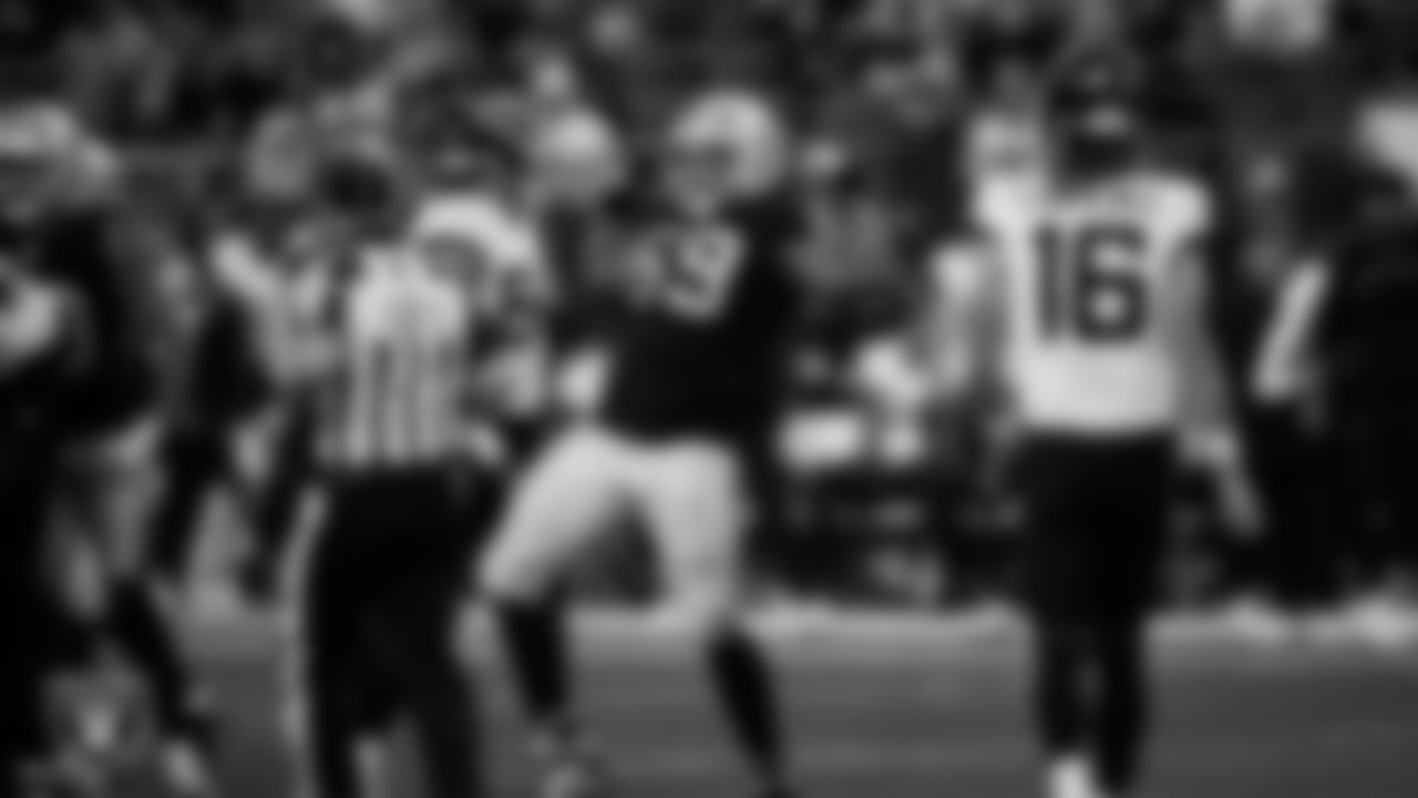 Las Vegas Raiders defensive tackle Adam Butler (69) celebrates after making a tackle during the regular season home game against the Jacksonville Jaguars at Allegiant Stadium.