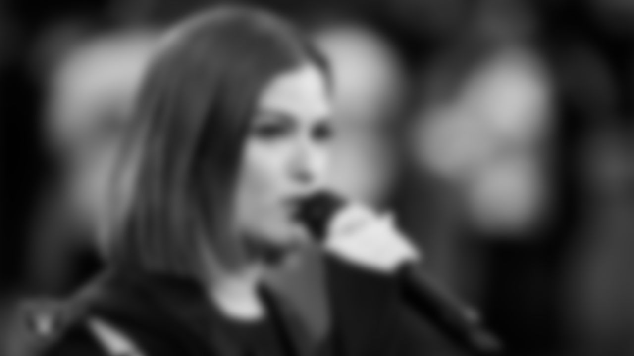 Singer Cassadee Pope performs the national anthem before the Las Vegas Raiders' regular season home game against the Cleveland Browns at Allegiant Stadium.