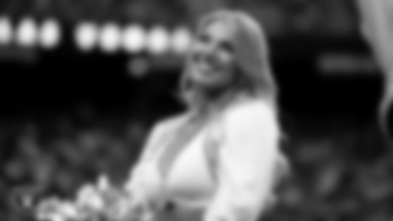 Raiderette Cori on the sidelines during the regular season home game against the Cleveland Browns at Allegiant Stadium.