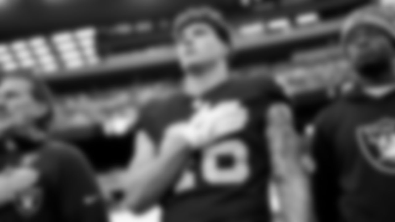 Las Vegas Raiders tight end Carter Runyon (46) during the national anthem before the regular season home game against the Kansas City Chiefs at Allegiant Stadium.