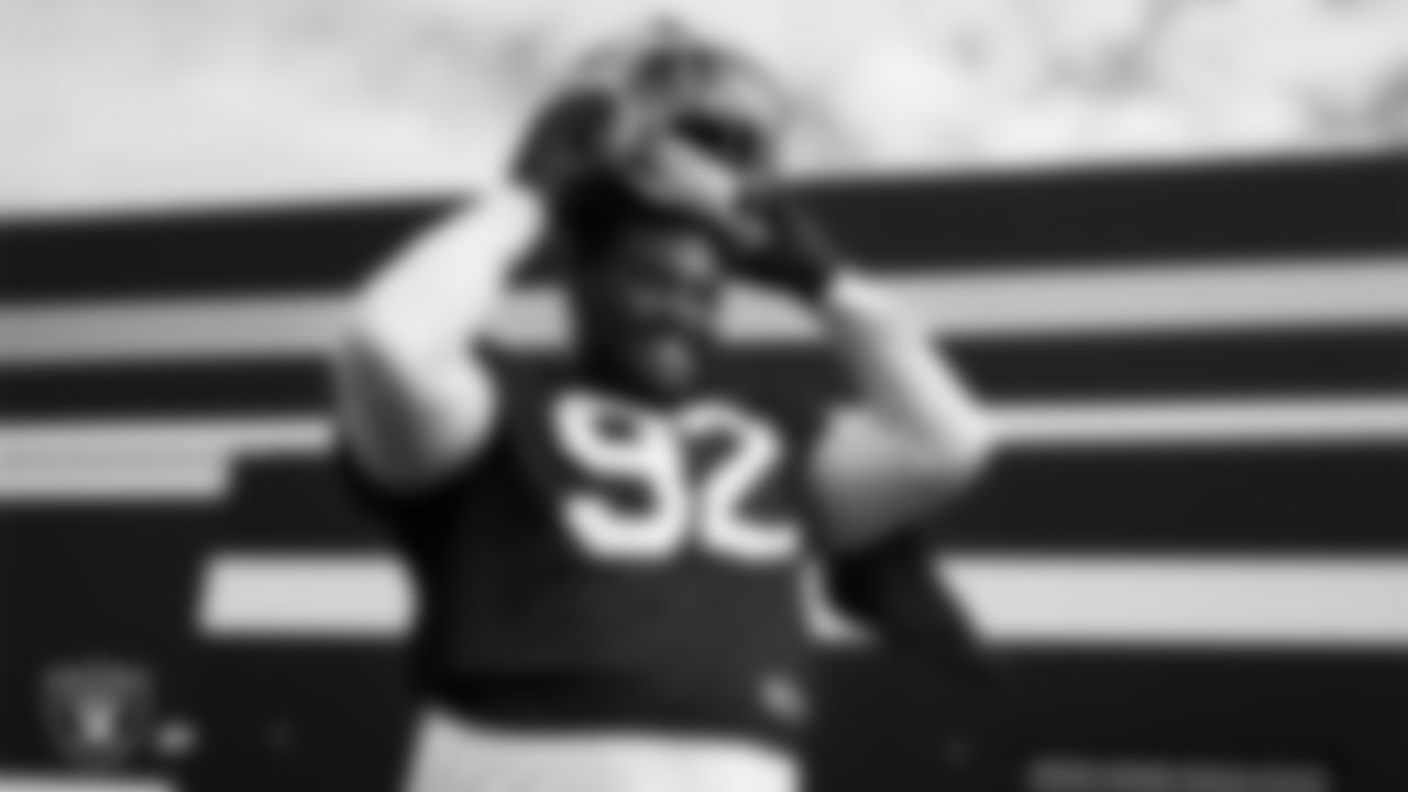 Las Vegas Raiders defensive tackle JJ Pegues (92) during practice at Intermountain Health Performance Center.