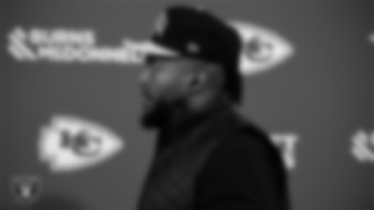 Las Vegas Raiders defensive tackle Adam Butler (69) arrives to the regular season away game against the Kansas City Chiefs at GEHA Field at Arrowhead Stadium.