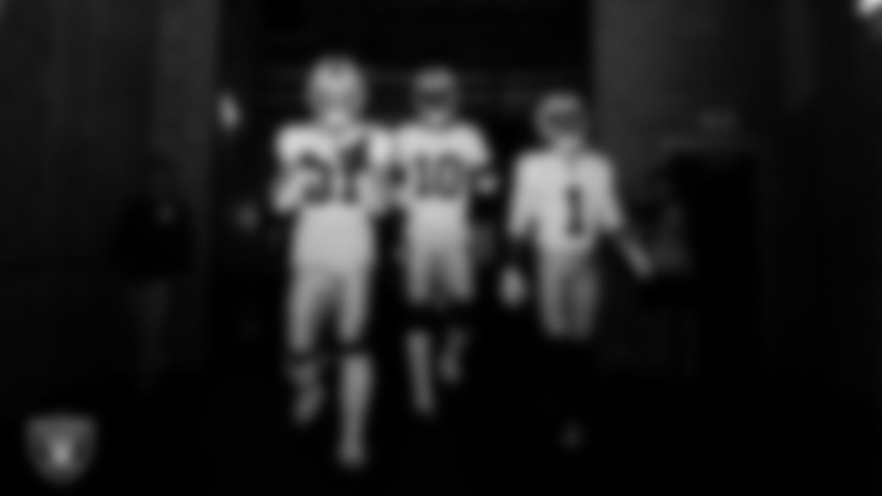 Las Vegas Raiders wide receiver Alex Bachman (81), wide receiver Dont'e Thornton Jr. (10) and wide receiver Tre Tucker (1) walk down the tunnel before the regular season away game against the Houston Texans at NRG Stadium.