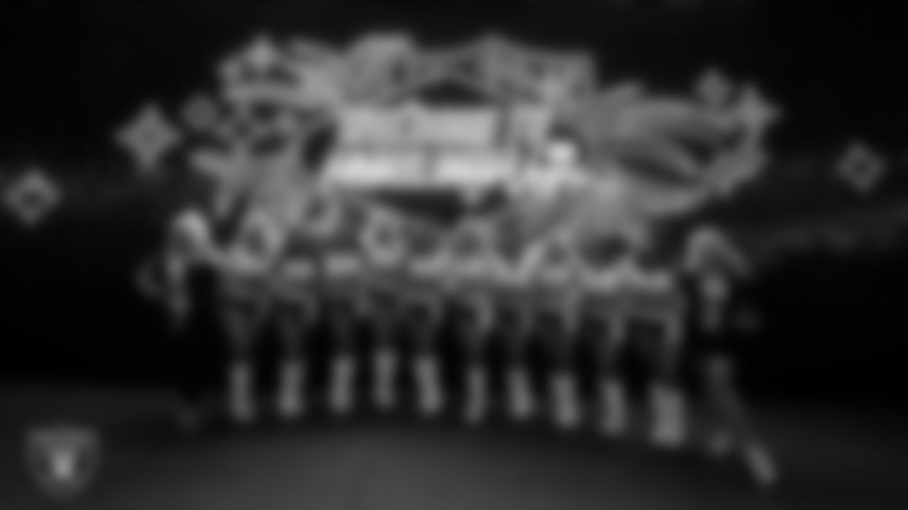 Raiderettes coordinator Marnie Capurro and director Tiphanie McNiff with Raiderettes before the regular season home game against the Los Angeles Chargers at Allegiant Stadium.