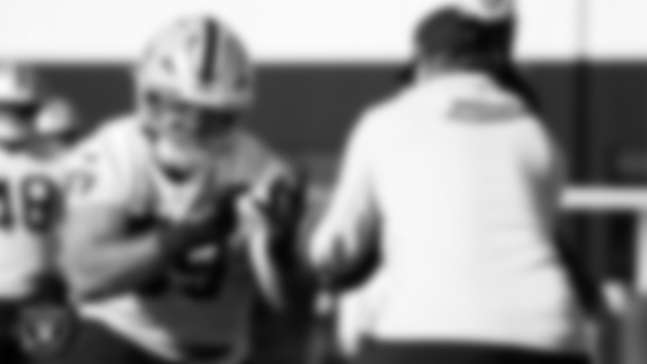 Las Vegas Raiders linebacker Jon Rhattigan (59) during practice at Intermountain Health Performance Center.