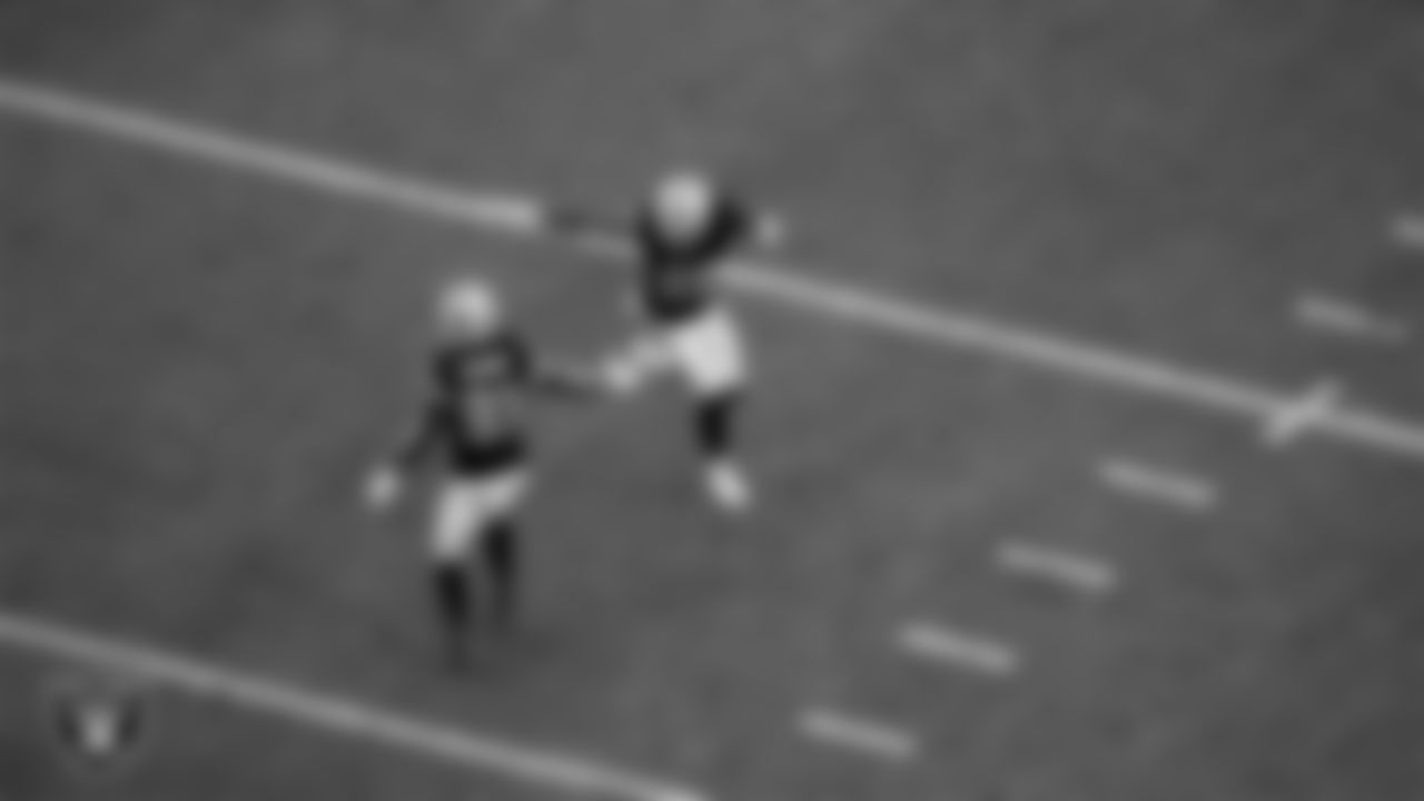 Las Vegas Raiders wide receiver Alex Bachman (81) and wide receiver Justin Shorter (88) during the regular season home game against the Tennessee Titans at Allegiant Stadium.